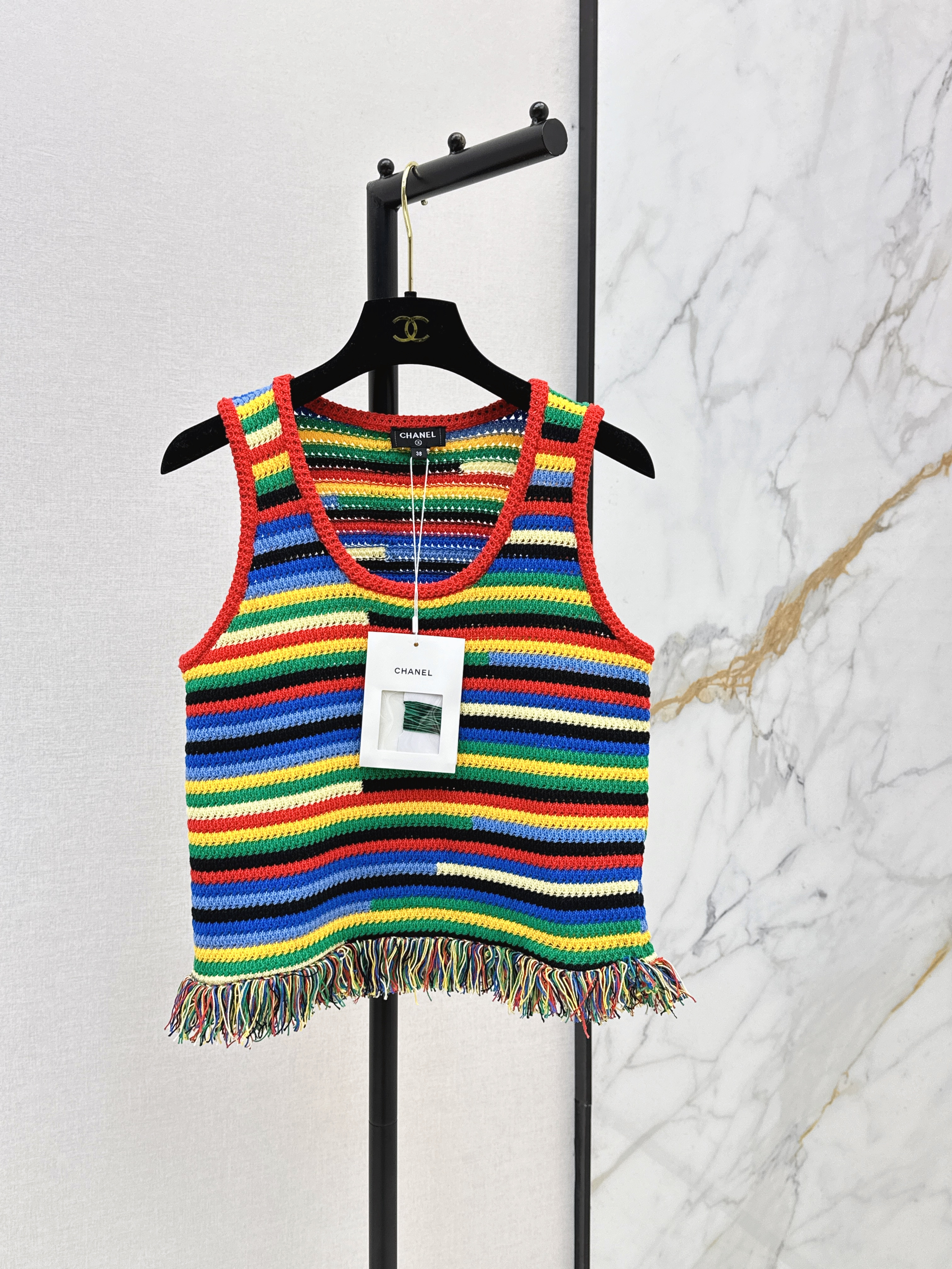 Chan New Striped Fringe-Trimmed Knit Vest