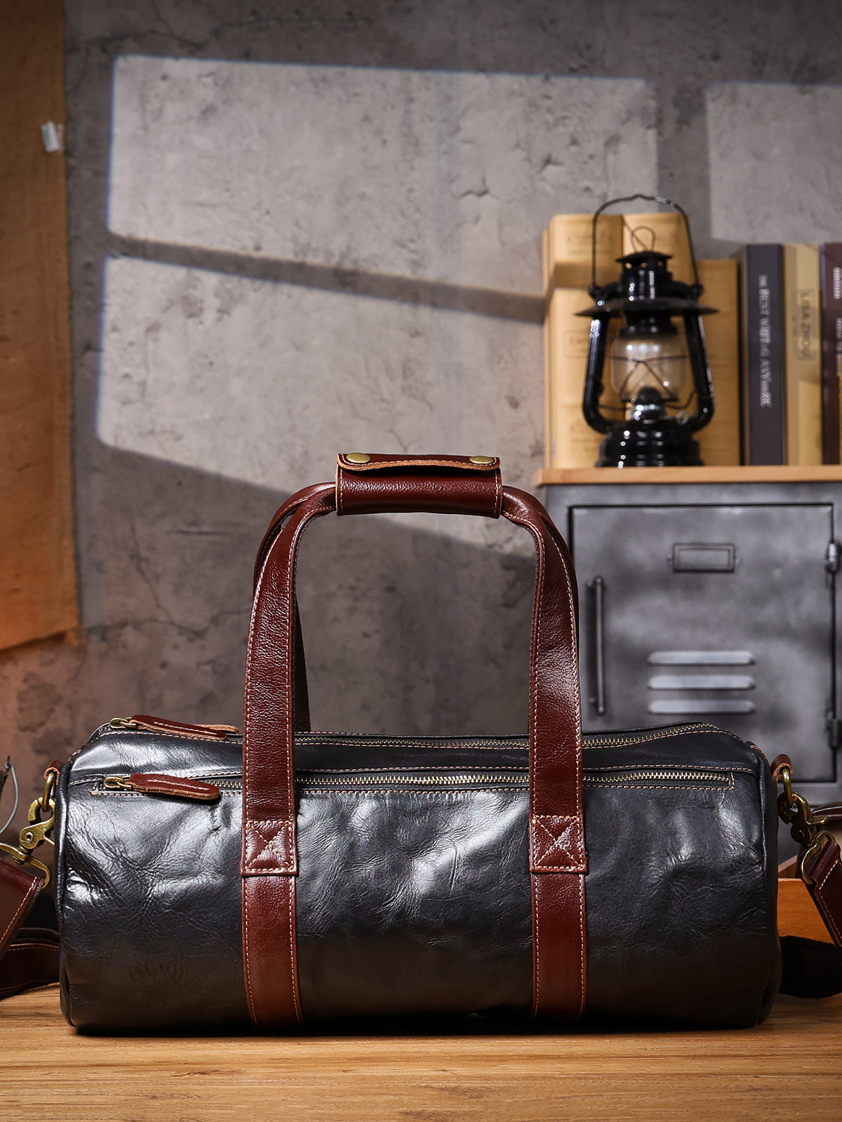 Vintage Black Leather Cylinder Duffle Bag - Timeless Craftsmanship for the Modern Traveler