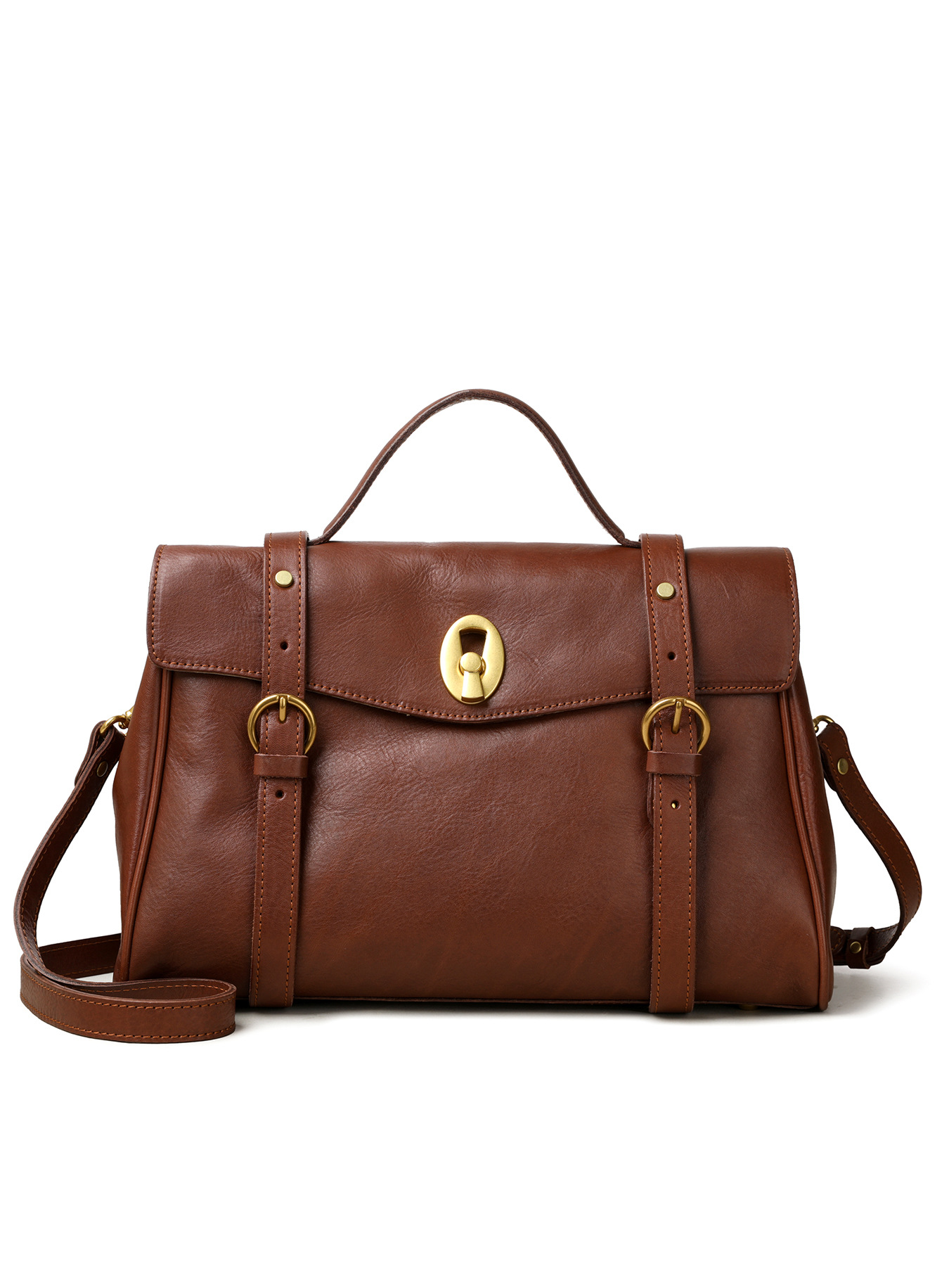 Cognac Brown Leather Flap Satchel