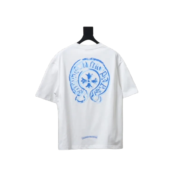 Chrome Hearts Blue Horseshoe Print White T-Shirt