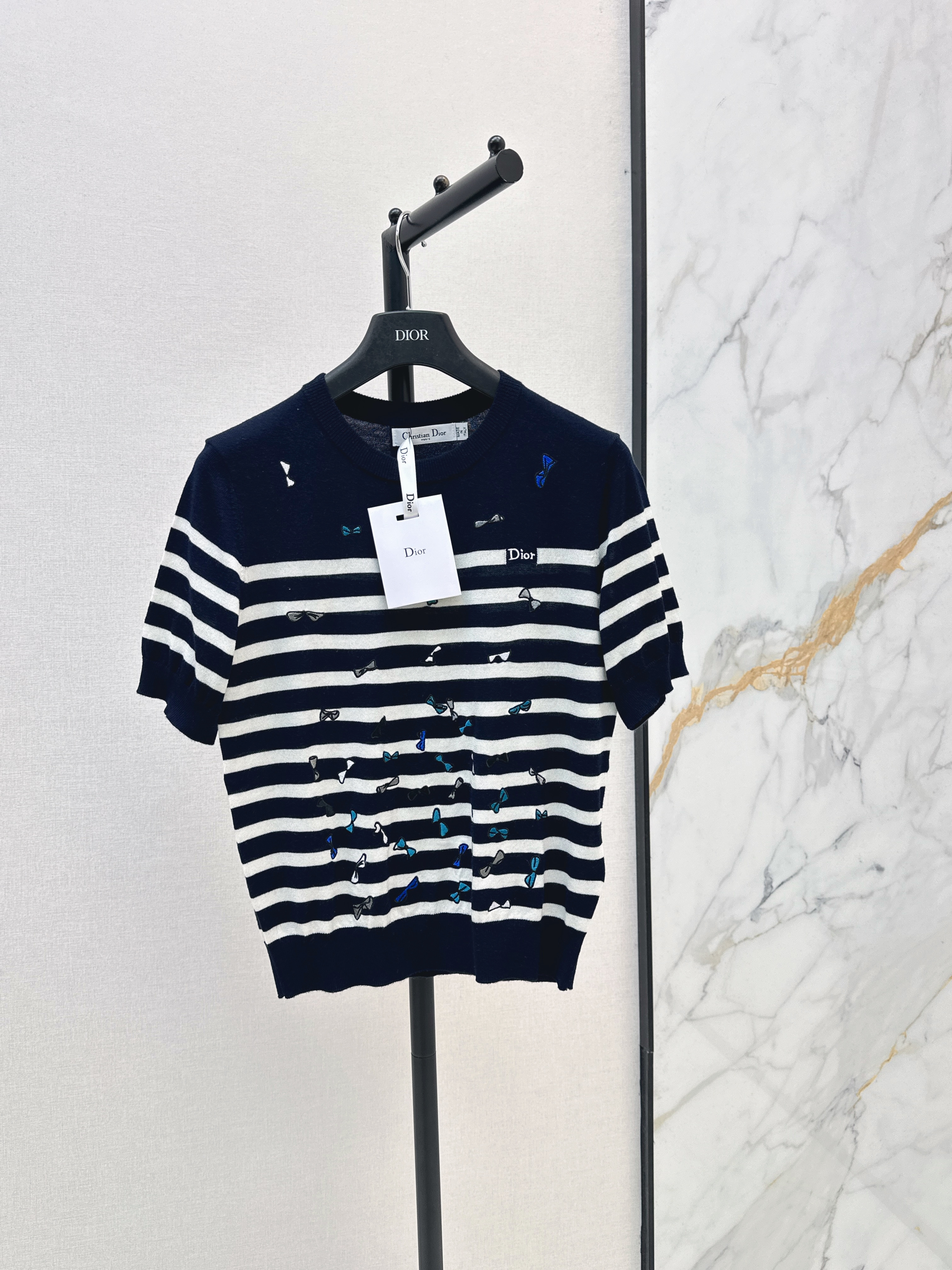 CD New Bow Embroidery Striped Knit Top