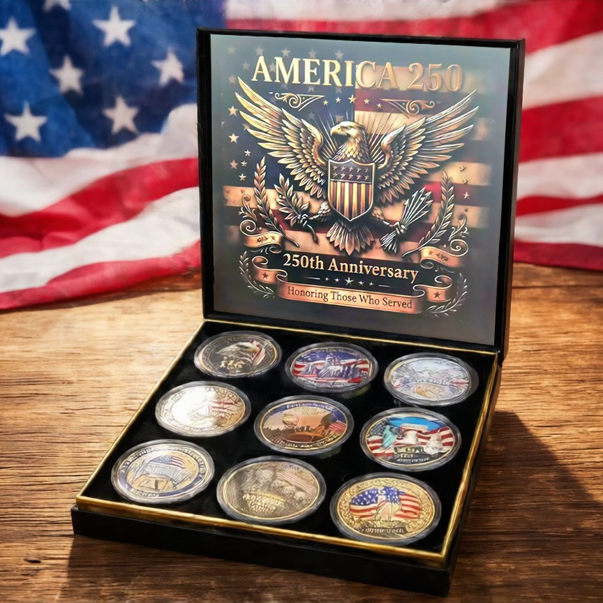 250th Anniversary Coins Gift Box Set, 250 Anniversary Merchandise Collectible Coin Display Case Commemorative Designs for Patriotic Collection