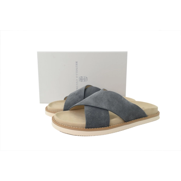 Brunello Cucinelli Suede Crisscross Slides Grey