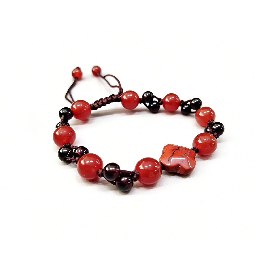 Red Agate Beaded Bracelet with Flower Charm – Adjustable Handmade Bracelet