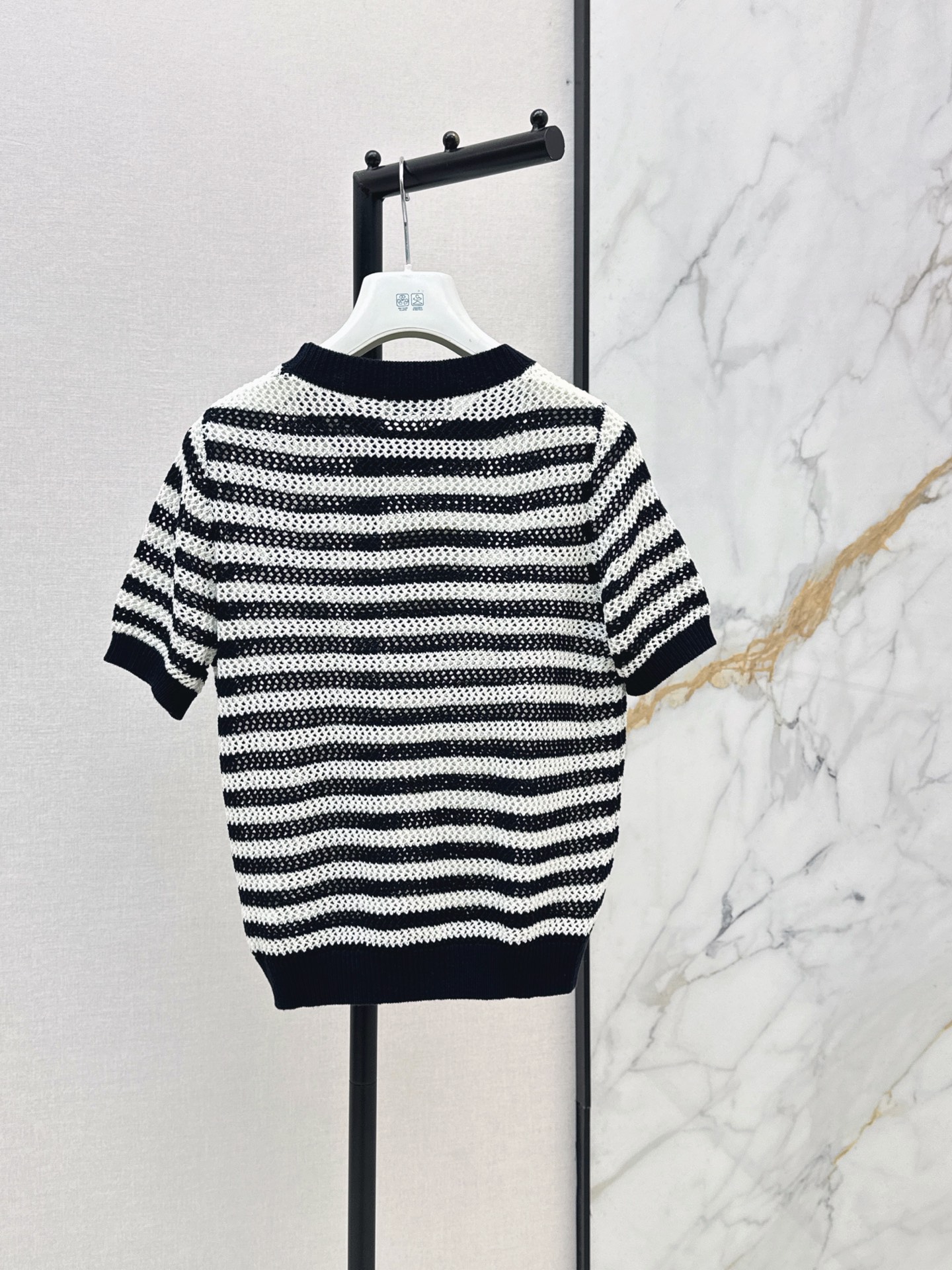 Monc New Vintage Hollow-out Color-block Striped Short Sleeve