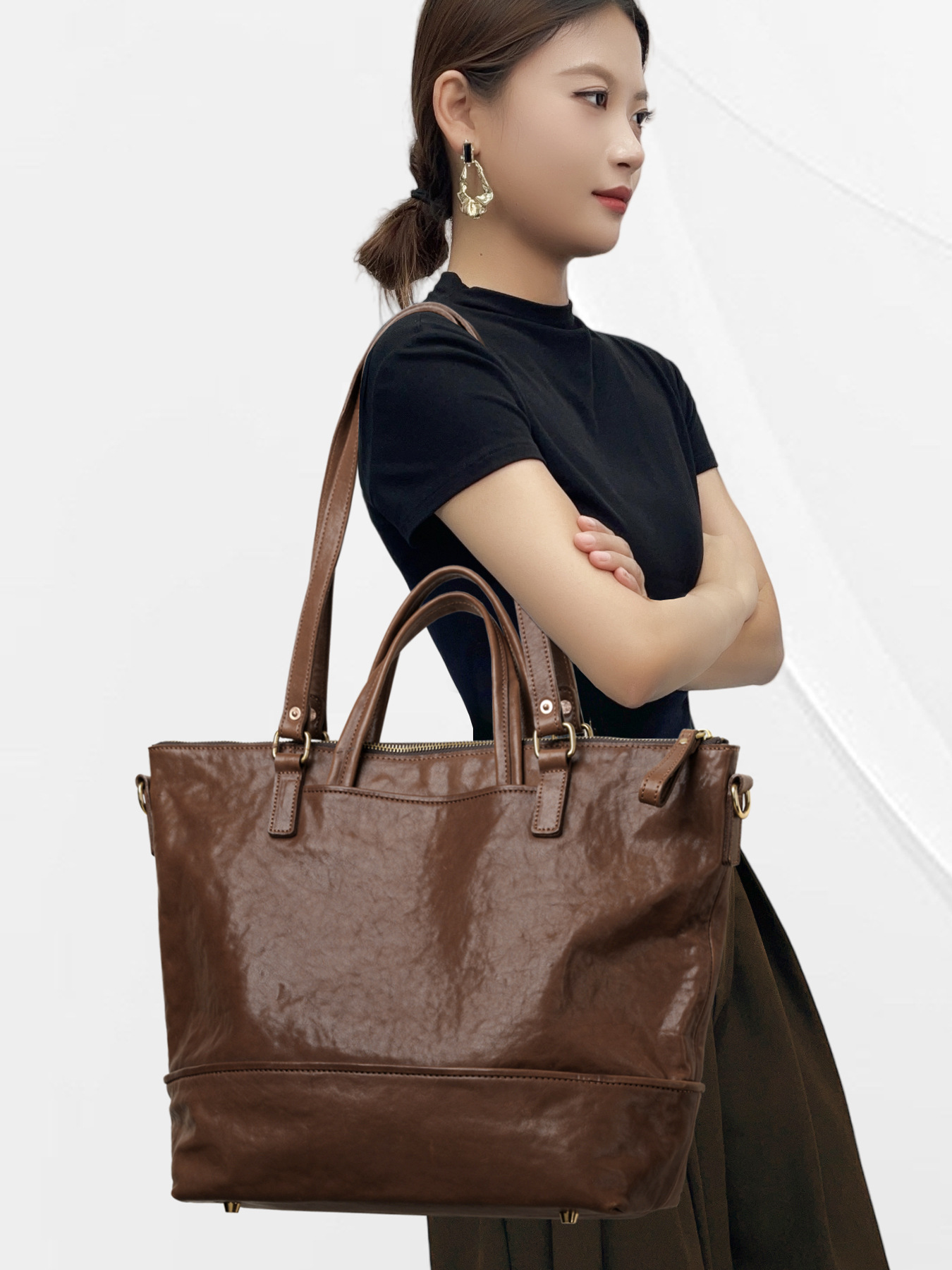 Cognac Brown Pebbled Leather Shopper Tote