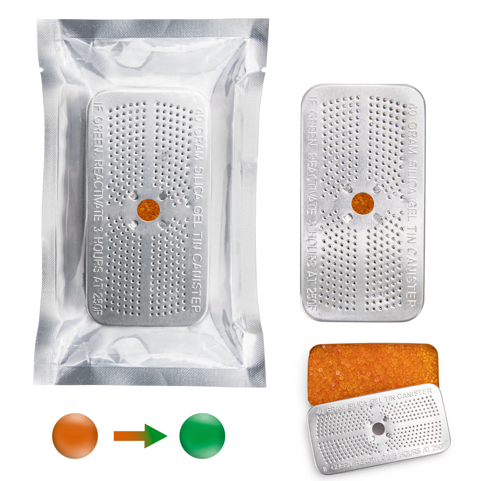 Factory Direct 40g Silica Gel Canister, Reusable Desiccant Tin with Indicator for Safe & Electronic Equipment