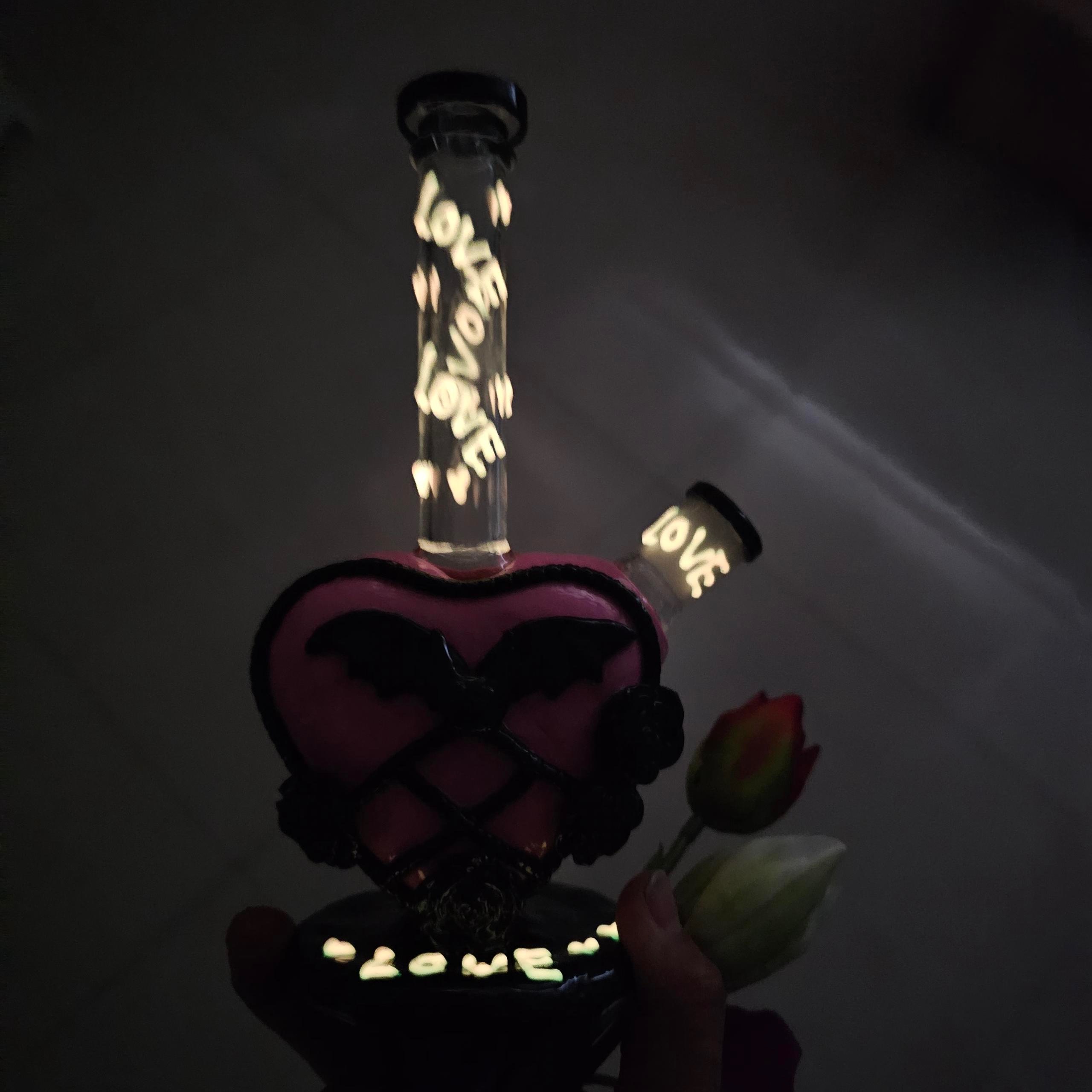 Bat and rose heart bong glow in dark