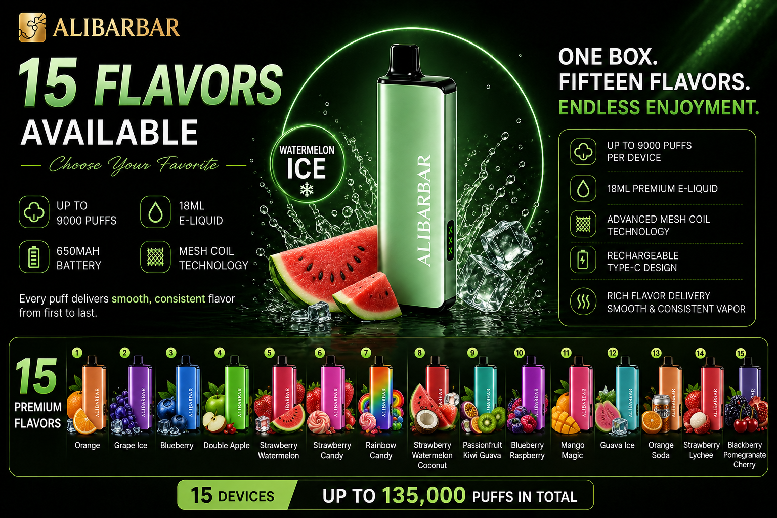 Alibarbar 9000 Puffs Disposable Vape 10 Premium Flavors • Long-Lasting Performance • Smooth Experience