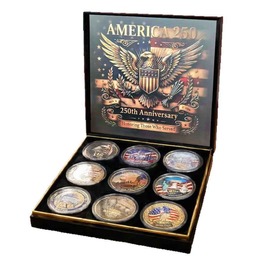 250th Anniversary Coins Gift Box Set, 250 Anniversary Merchandise Collectible Coin Display Case Commemorative Designs for Patriotic Collection