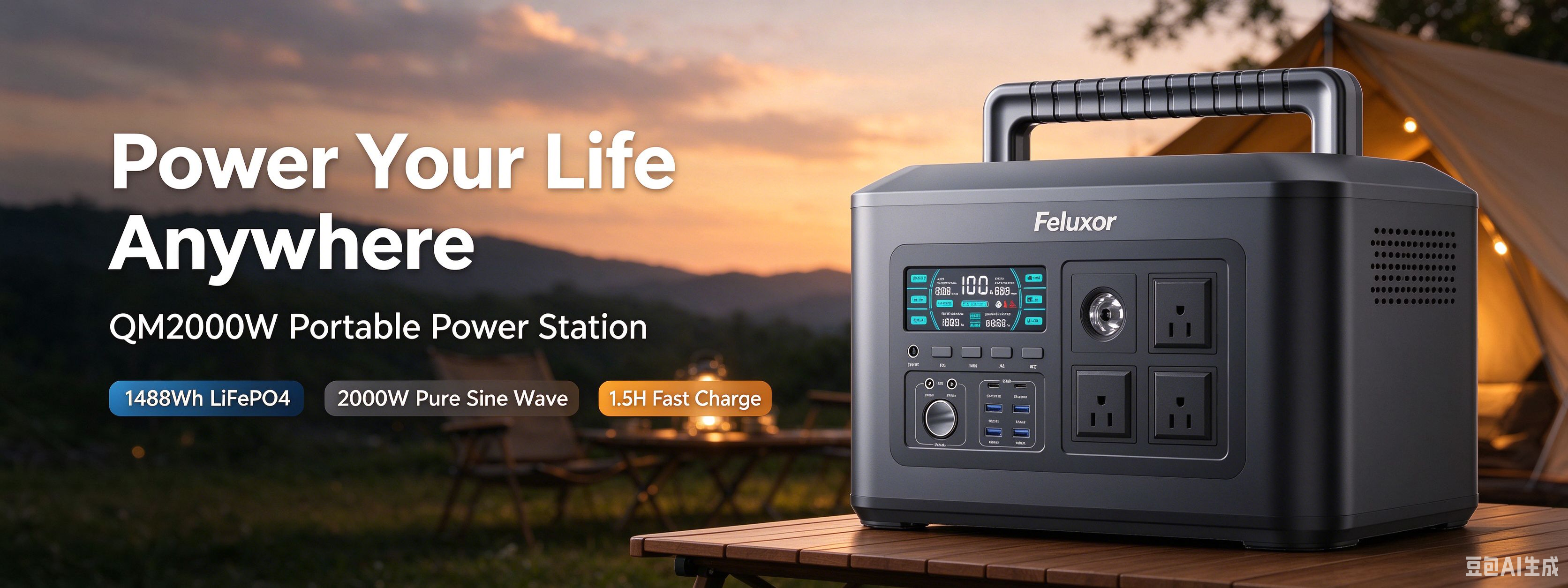 Feluxor QM2000W portable power station banner, power your life anywhere outdoors