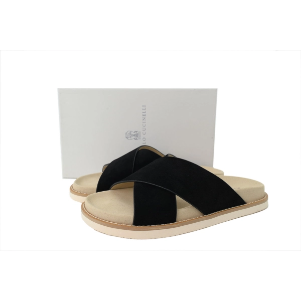 Brunello Cucinelli Suede Crisscross Slides Black