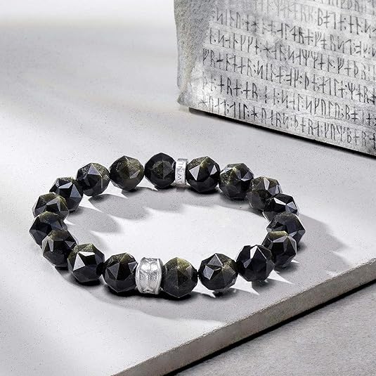 R16P-Gold Obsidian & Tiger Eye Beaded Bracelet with Silver Charm – Men’s Stretch Bracelet 10mm