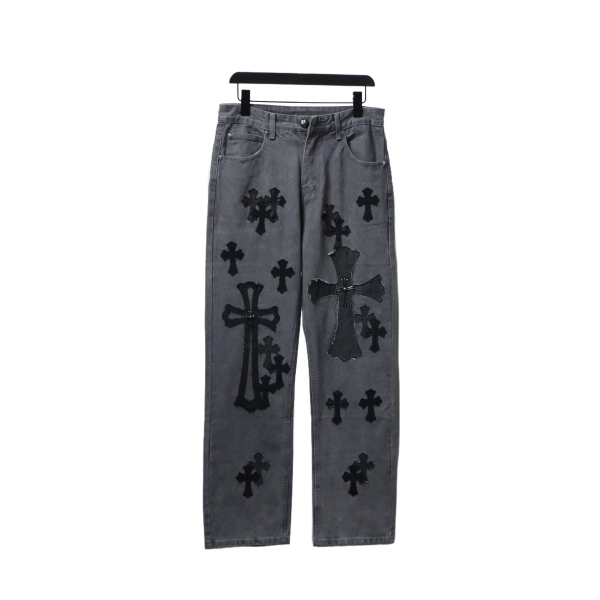Chrome Hearts  X SexRecords Metal Cross Patch Jeans Distressed Gray