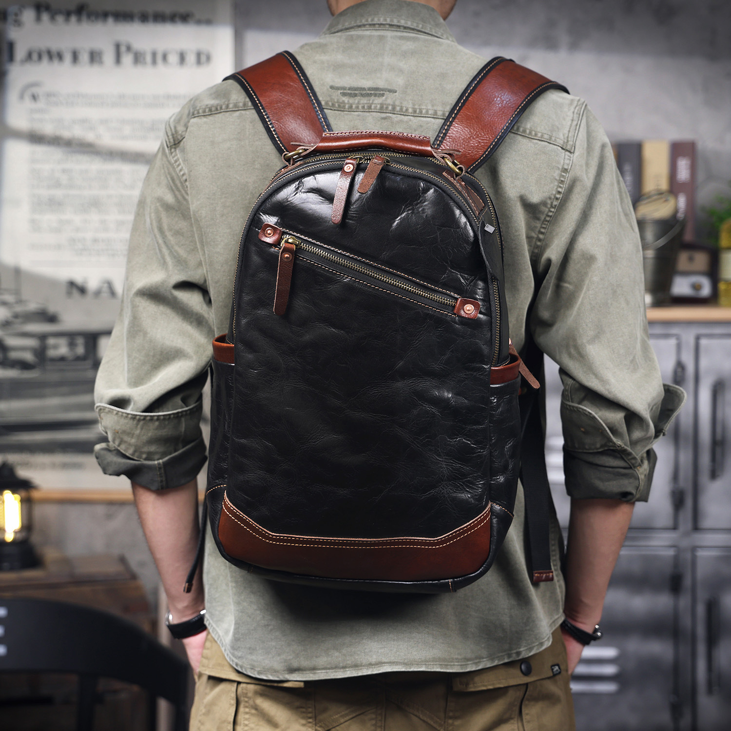 Vintage Two-Tone Leather Backpack - Timeless Craftsmanship for the Modern Professional