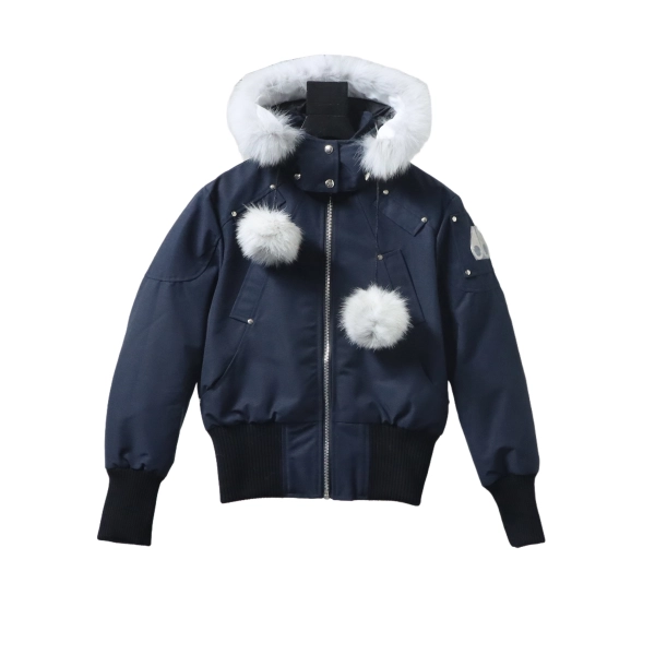 Moose Knuckles  Debbie Shearling Bomber Jacket Dark Blue With A Pom-Pom