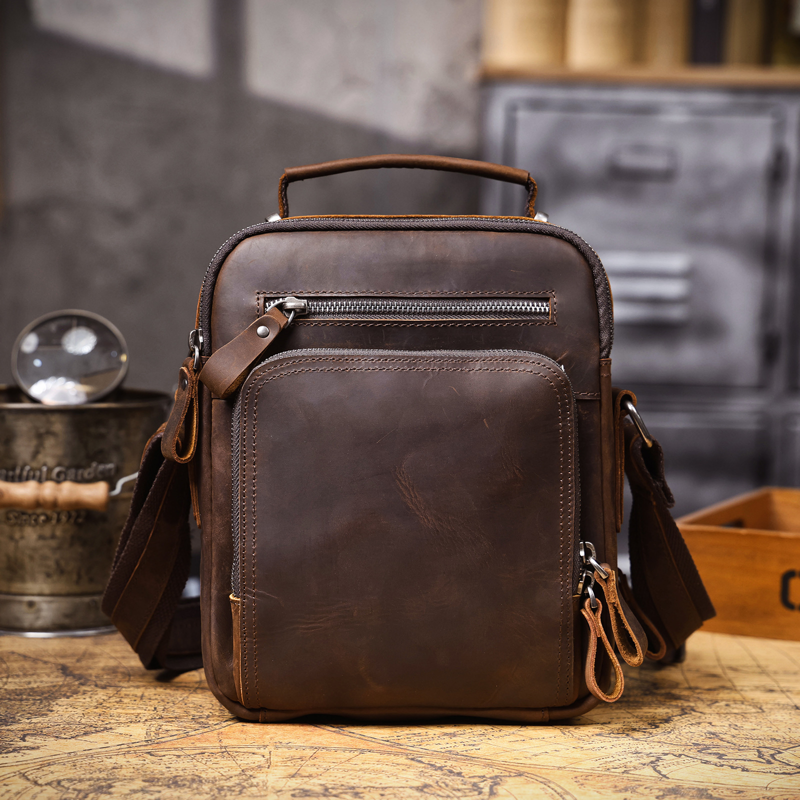 Vintage Dark Brown Leather Convertible Sling Bag - Compact Utility for Daily Carry