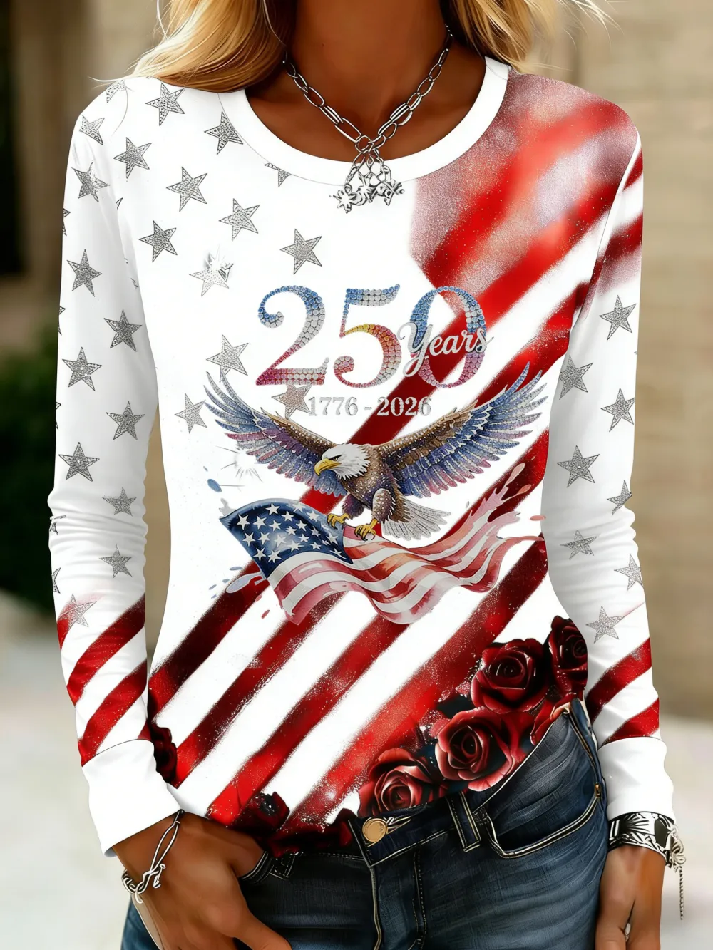 Ladies' Leisure 250Th Anniversary National Day Celebration Round Neck Long Sleeve T-Shirt