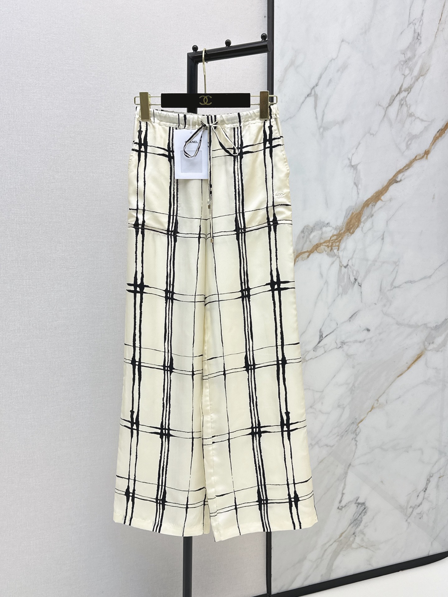 Chan New Embroidered Plaid Print Silk Pants
