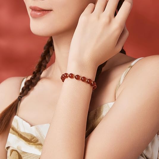R8P-18K Gold Red Agate Beaded Bracelet for Women