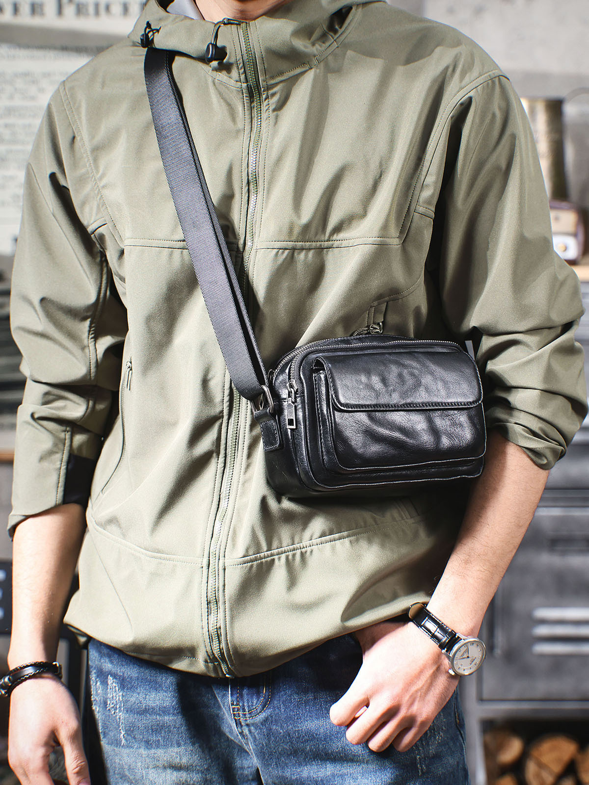 Compact Black Leather Crossbody Bag - Minimalist Utility for Daily Carry