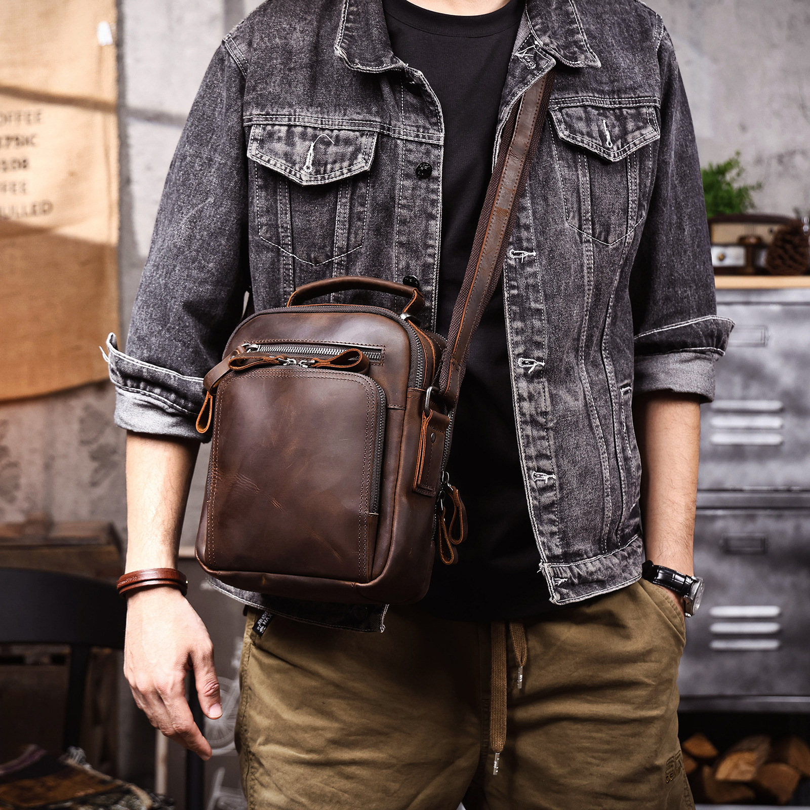 Vintage Dark Brown Leather Convertible Sling Bag - Compact Utility for Daily Carry