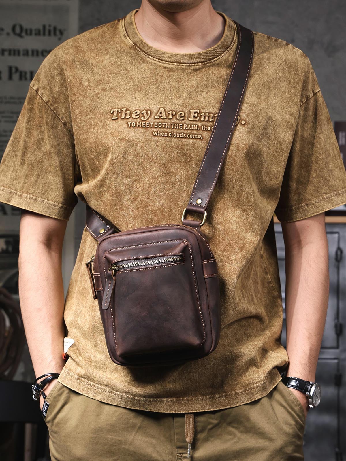 Vintage Dark Brown Leather Convertible Sling Bag - Compact Utility for Daily Carry