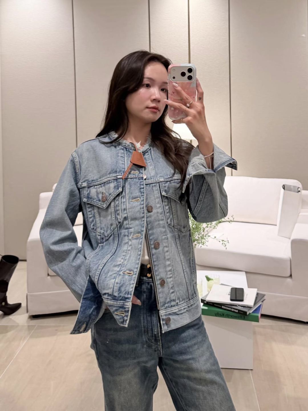 Celi New Leather patch denim jacket