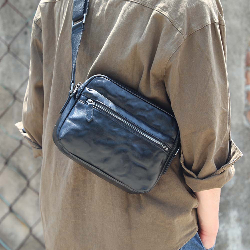 Sleek Black Leather Multi-Zip Crossbody Bag - Modern Utility for Daily Carry