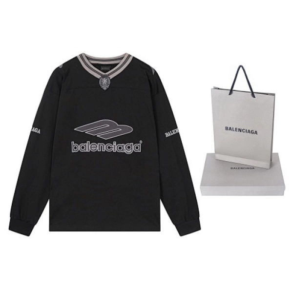 Balenciaga Clothes 3B Silhouette Ribbed V-Neck Embroidered & Printed Long-Sleeve T-Shirt Black/Blue