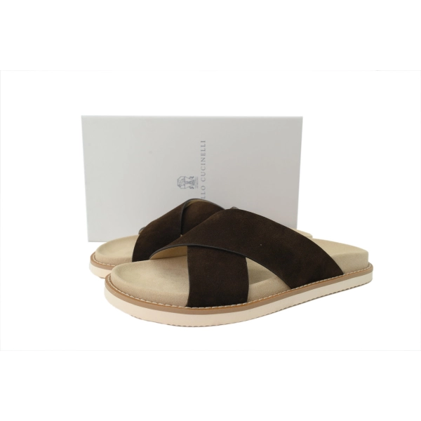 Brunello Cucinelli Suede Crisscross Slides Coffee