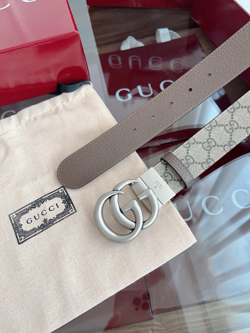 Gucci leather, it has a thick touch, with clear and distinct printed patterns. It is a fashionable and classic men's belt, a designer belt, a casual and smooth buckle belt for both women and men, with a width of 3.7 cm and with box Silver