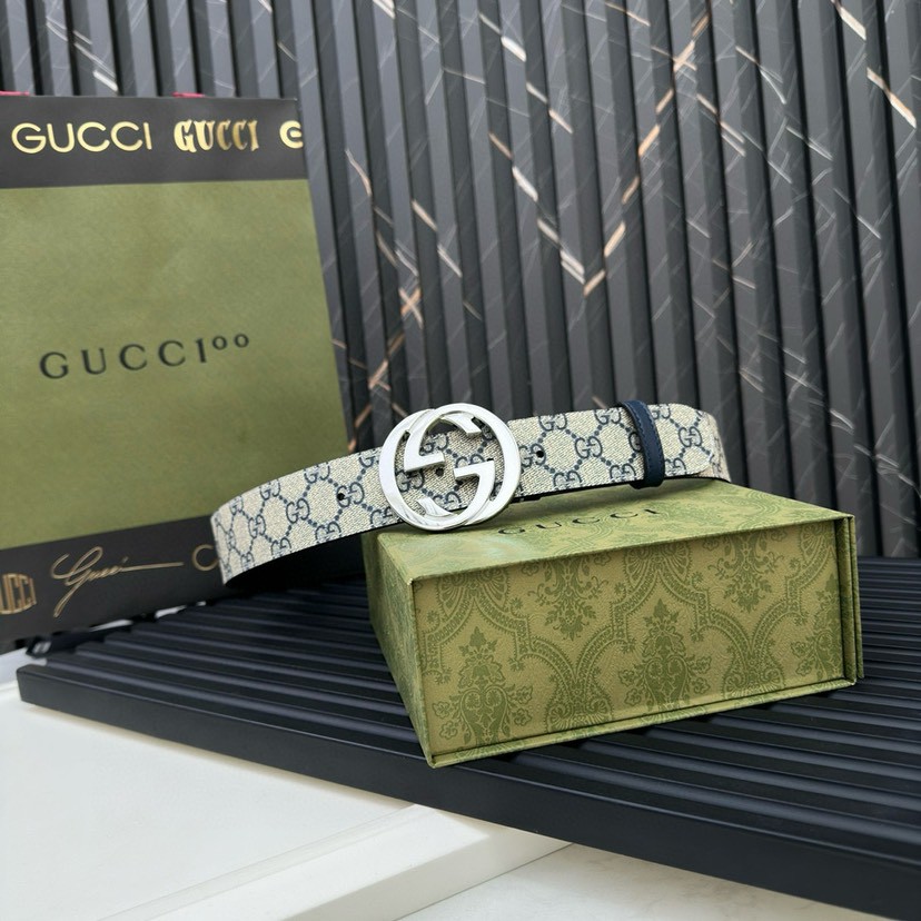 Gucci leather, it has a thick touch, with clear and distinct printed patterns. It is a fashionable and classic men's belt, a designer belt, a casual and smooth buckle belt for both women and men, with a width of 4.0 cm and with box Silver