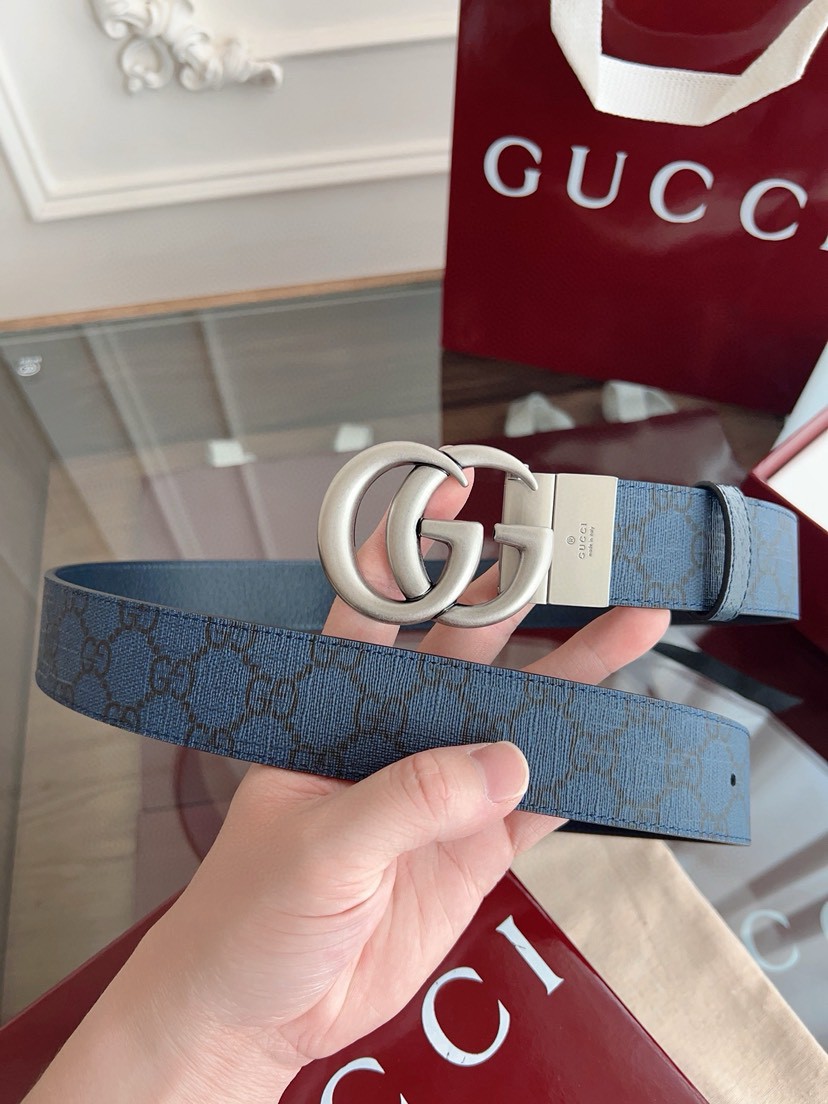 Gucci leather, it has a thick touch, with clear and distinct printed patterns. It is a fashionable and classic men's belt, a designer belt, a casual and smooth buckle belt for both women and men, with a width of 3.7 cm and with box Royal blue