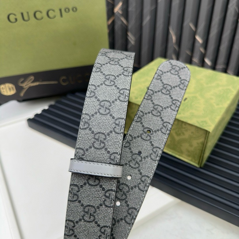 Gucci leather, it has a thick touch, with clear and distinct printed patterns. It is a fashionable and classic men's belt, a designer belt, a casual and smooth buckle belt for both women and men, with a width of 4.0 cm and with box Silver-grey
