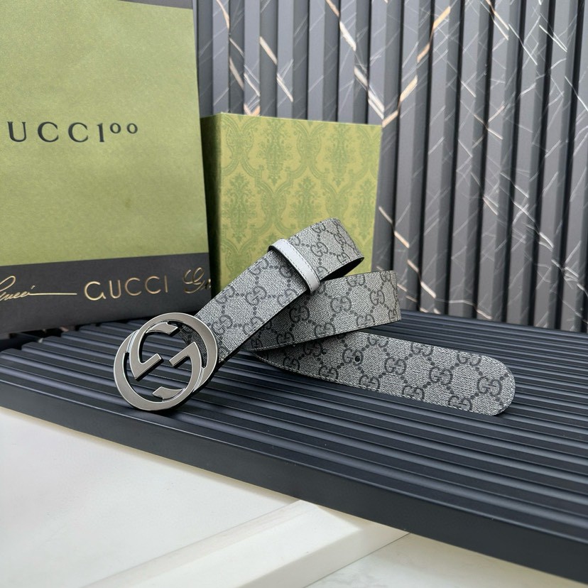 Gucci leather, it has a thick touch, with clear and distinct printed patterns. It is a fashionable and classic men's belt, a designer belt, a casual and smooth buckle belt for both women and men, with a width of 4.0 cm and with box Silver-grey