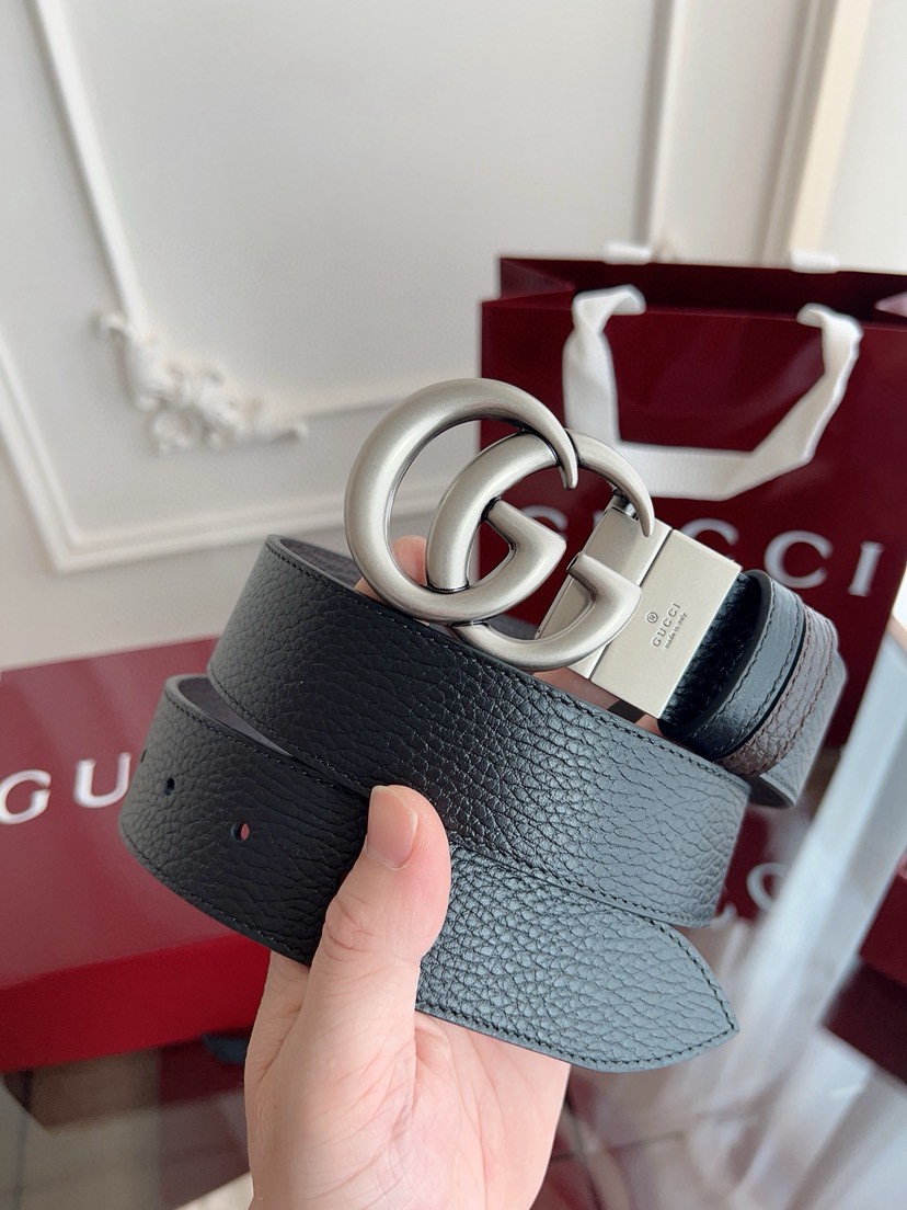 Gucci leather, it has a thick touch.  It is a fashionable and classic men's belt, a designer belt, a casual and smooth buckle belt for both , with a width of 3.7 cm and with box Silver