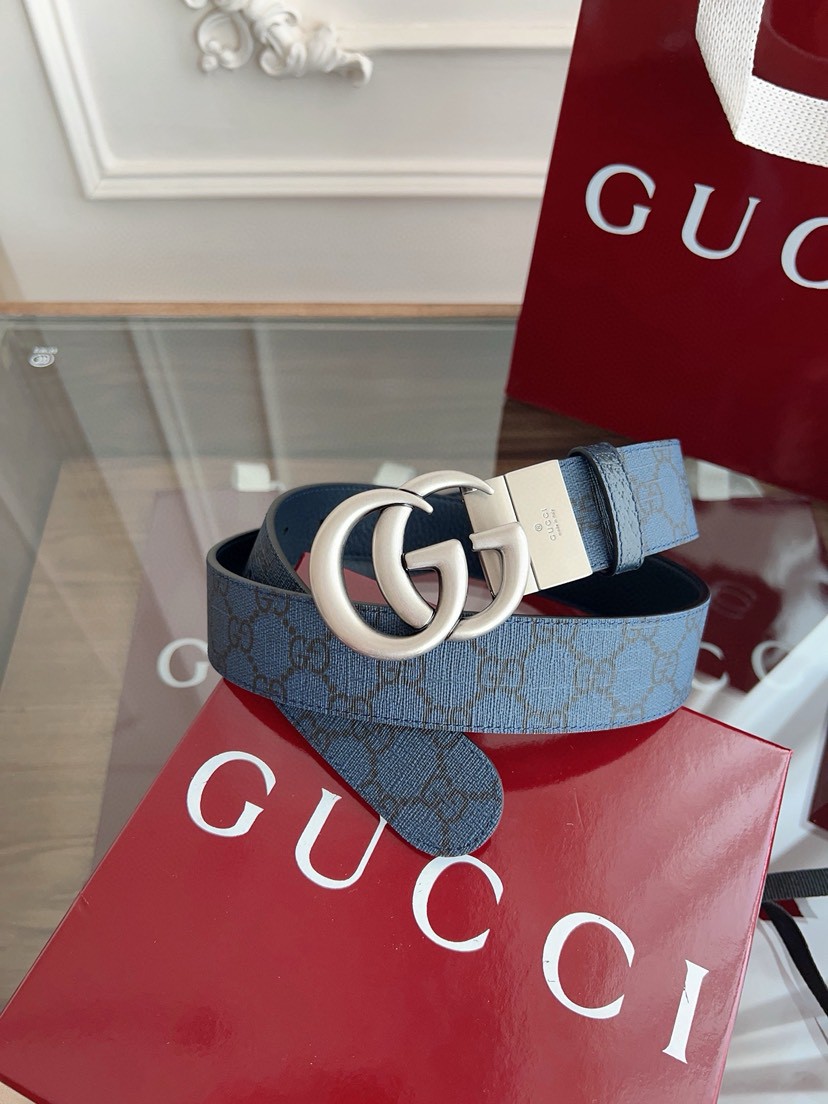 Gucci leather, it has a thick touch, with clear and distinct printed patterns. It is a fashionable and classic men's belt, a designer belt, a casual and smooth buckle belt for both women and men, with a width of 3.7 cm and with box Royal blue