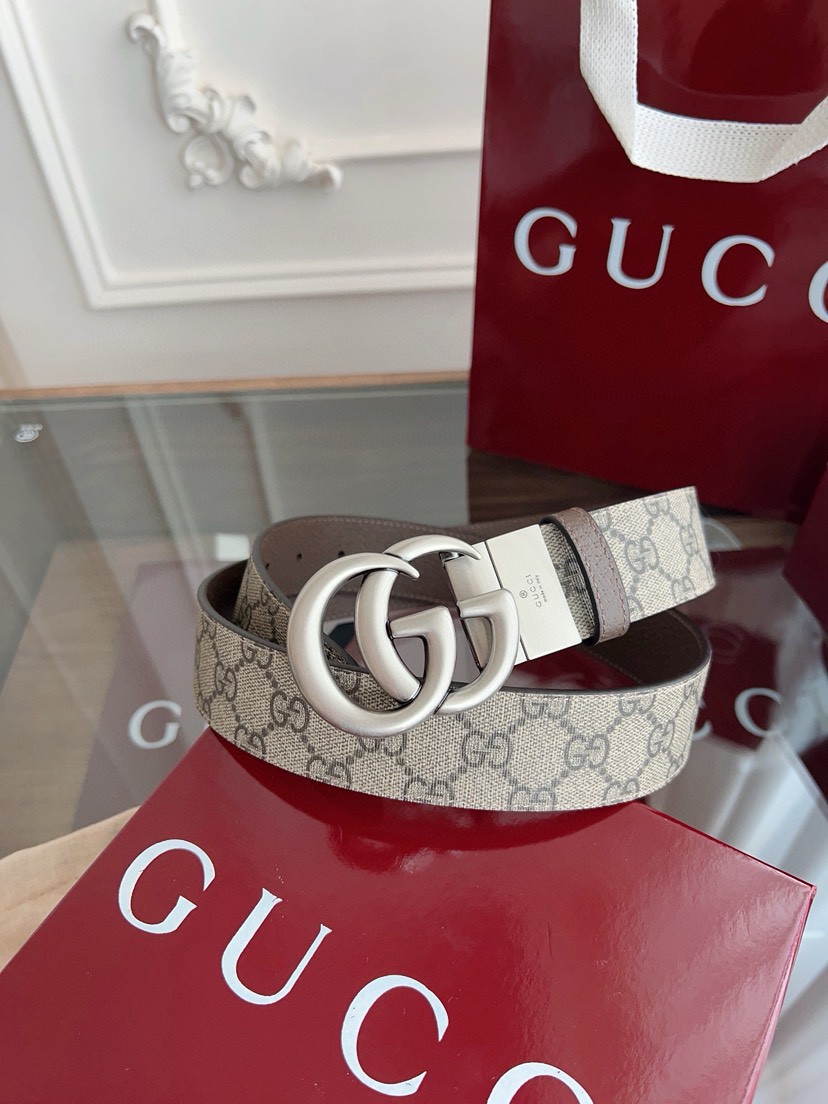 Gucci leather, it has a thick touch, with clear and distinct printed patterns. It is a fashionable and classic men's belt, a designer belt, a casual and smooth buckle belt for both women and men, with a width of 3.7 cm and with box Silver