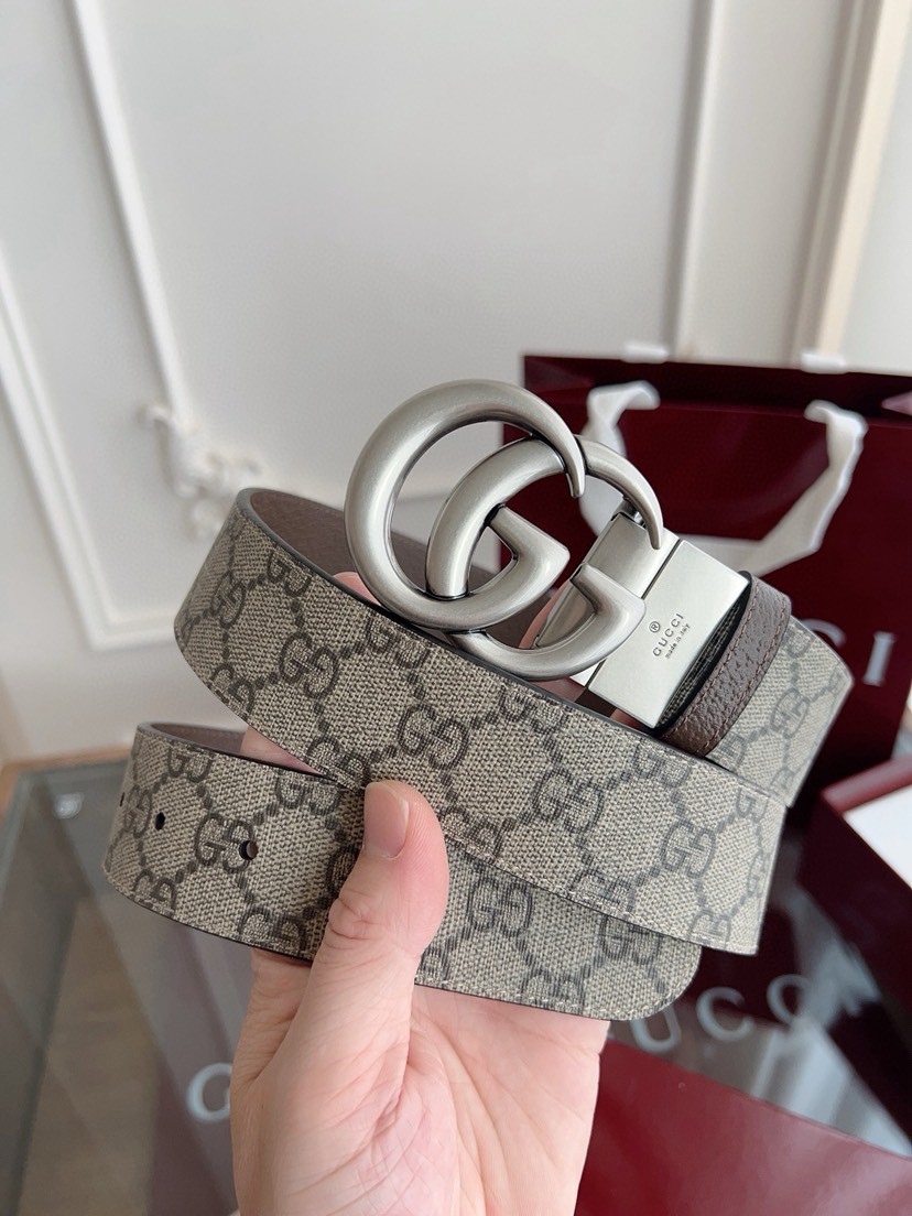 Gucci leather, it has a thick touch, with clear and distinct printed patterns. It is a fashionable and classic men's belt, a designer belt, a casual and smooth buckle belt for both women and men, with a width of 3.7 cm and with box Silver