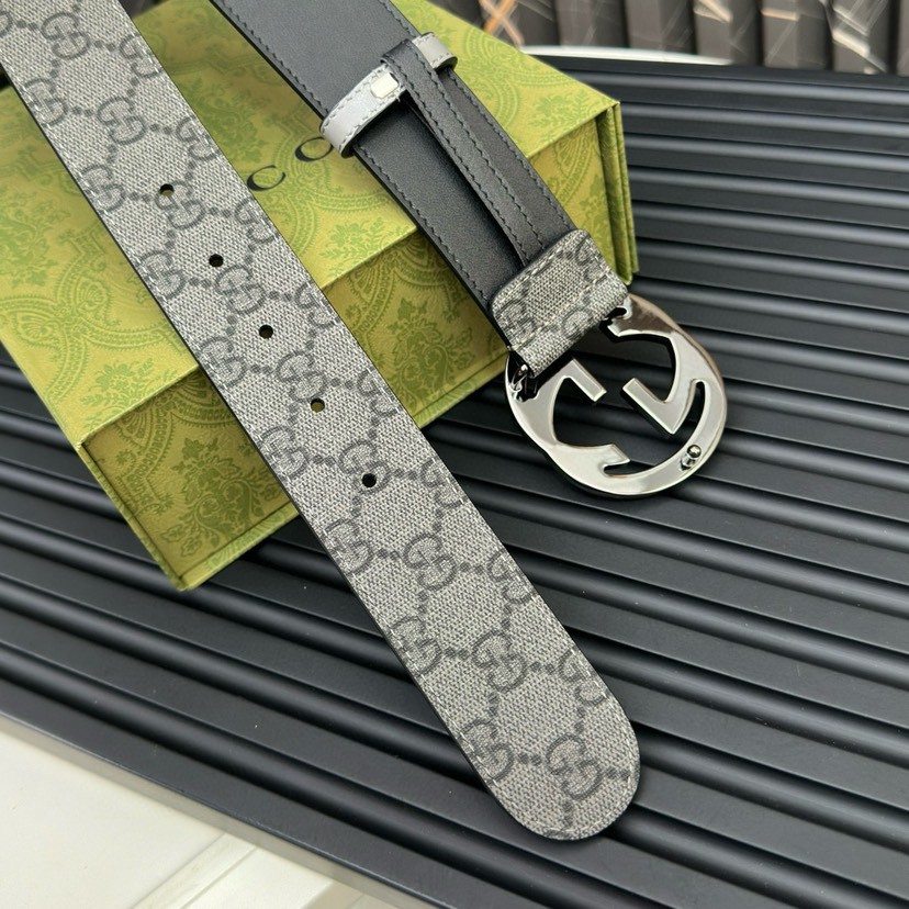 Gucci leather, it has a thick touch, with clear and distinct printed patterns. It is a fashionable and classic men's belt, a designer belt, a casual and smooth buckle belt for both women and men, with a width of 4.0 cm and with box Silver-grey