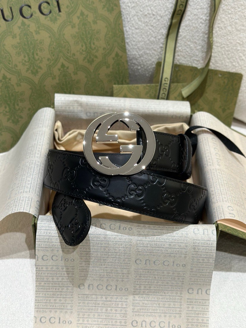 Gucci leather, it has a thick touch, with clear and distinct printed patterns. It is a fashionable and classic men's belt, a designer belt, a casual and smooth buckle belt for both women and men, with a width of 4.0 cm and with box ,Black, silver