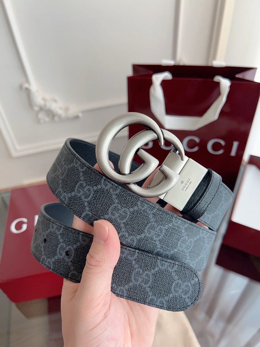 Gucci leather, it has a thick touch, with clear and distinct printed patterns. It is a fashionable and classic men's belt, a designer belt, a casual and smooth buckle belt for both women and men, with a width of 3.7 cm and with box Pearl black