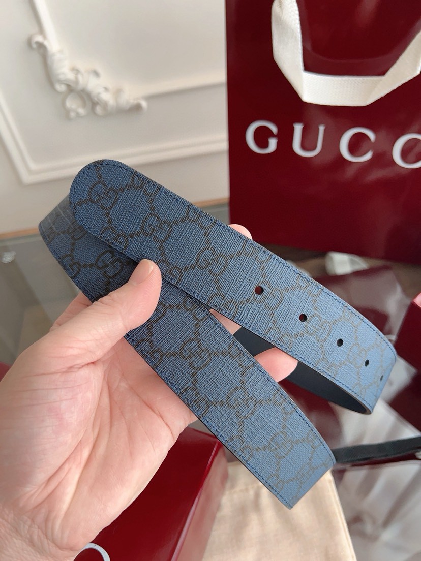 Gucci leather, it has a thick touch, with clear and distinct printed patterns. It is a fashionable and classic men's belt, a designer belt, a casual and smooth buckle belt for both women and men, with a width of 3.7 cm and with box Royal blue