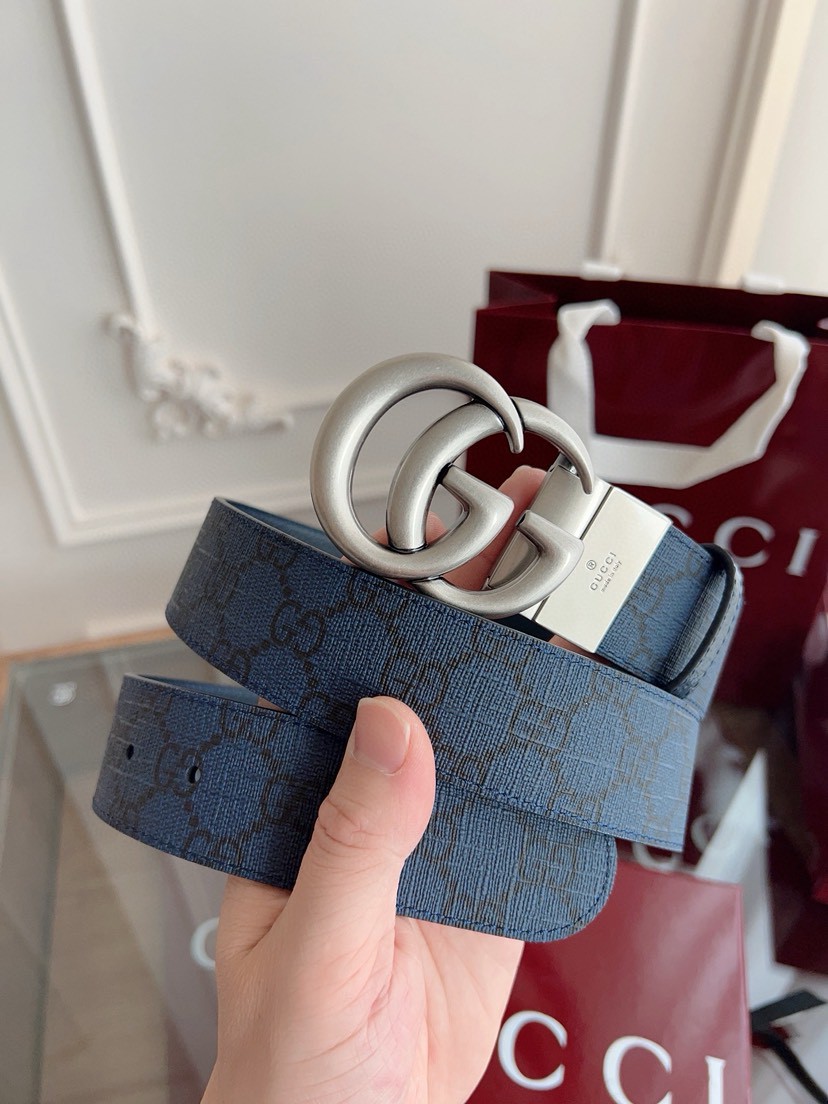 Gucci leather, it has a thick touch, with clear and distinct printed patterns. It is a fashionable and classic men's belt, a designer belt, a casual and smooth buckle belt for both women and men, with a width of 3.7 cm and with box Royal blue