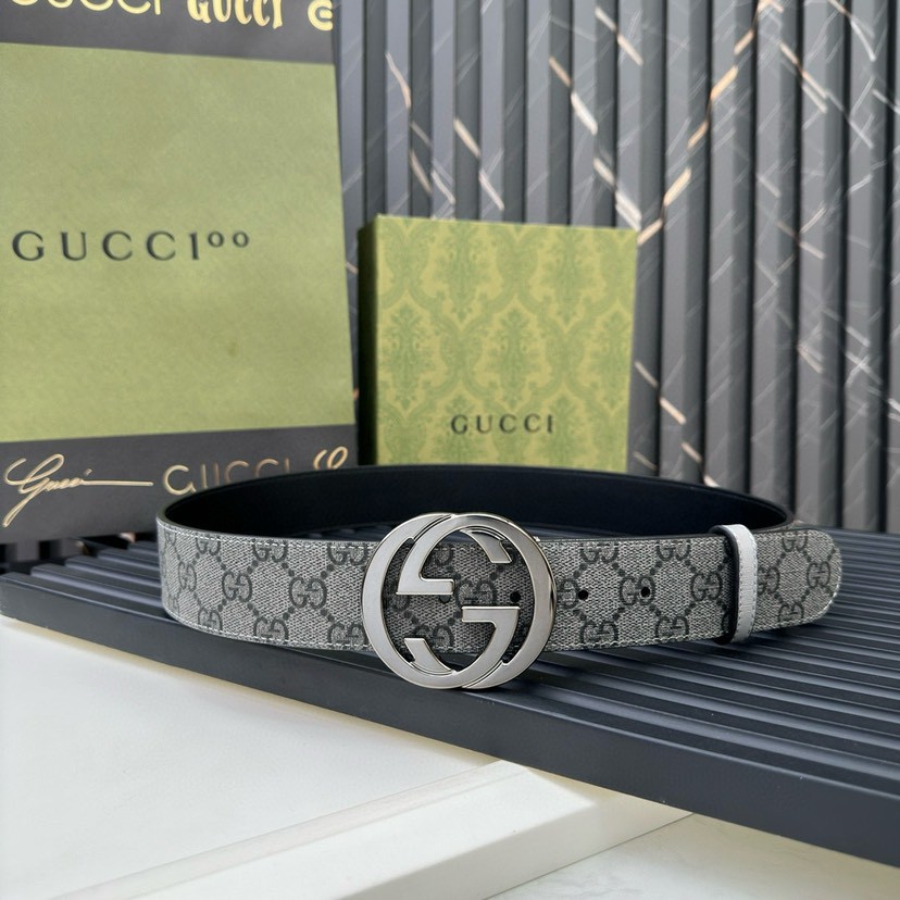 Gucci leather, it has a thick touch, with clear and distinct printed patterns. It is a fashionable and classic men's belt, a designer belt, a casual and smooth buckle belt for both women and men, with a width of 4.0 cm and with box Silver-grey