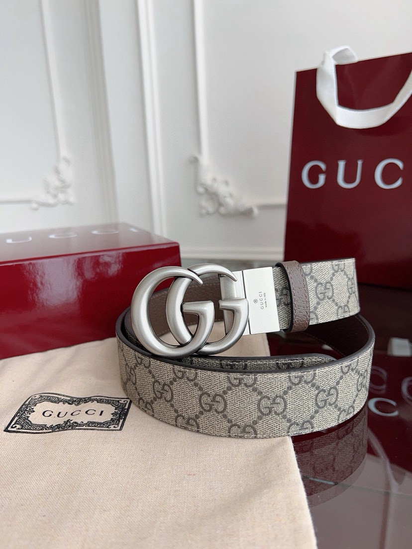 Gucci leather, it has a thick touch, with clear and distinct printed patterns. It is a fashionable and classic men's belt, a designer belt, a casual and smooth buckle belt for both women and men, with a width of 3.7 cm and with box Silver