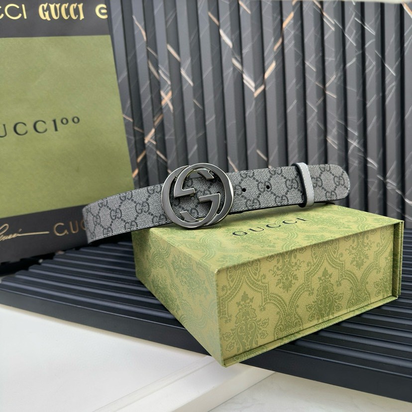 Gucci leather, it has a thick touch, with clear and distinct printed patterns. It is a fashionable and classic men's belt, a designer belt, a casual and smooth buckle belt for both women and men, with a width of 4.0 cm and with box Silver-grey