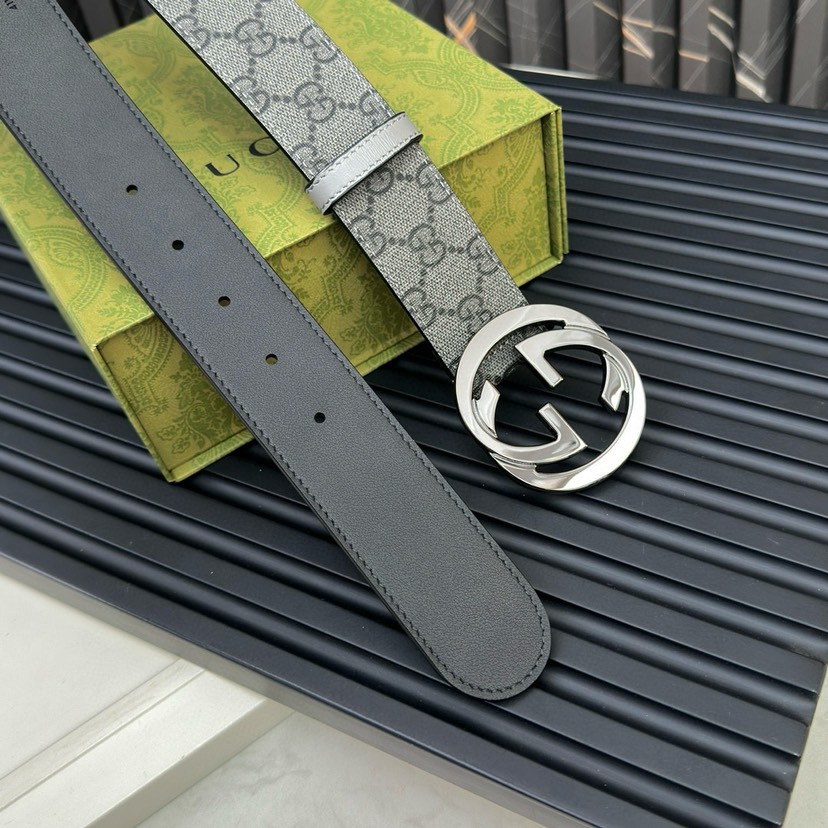 Gucci leather, it has a thick touch, with clear and distinct printed patterns. It is a fashionable and classic men's belt, a designer belt, a casual and smooth buckle belt for both women and men, with a width of 4.0 cm and with box Silver-grey
