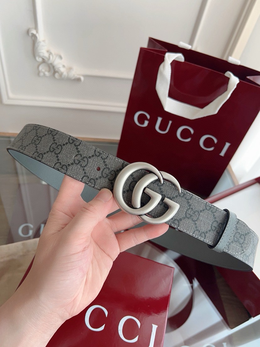 Gucci leather, it has a thick touch, with clear and distinct printed patterns. It is a fashionable and classic men's belt, a designer belt, a casual and smooth buckle belt for both women and men, with a width of 3.7 cm and with box Grey color